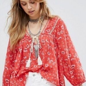 Free People Daisy Print Red Peasant Blouse size Medium